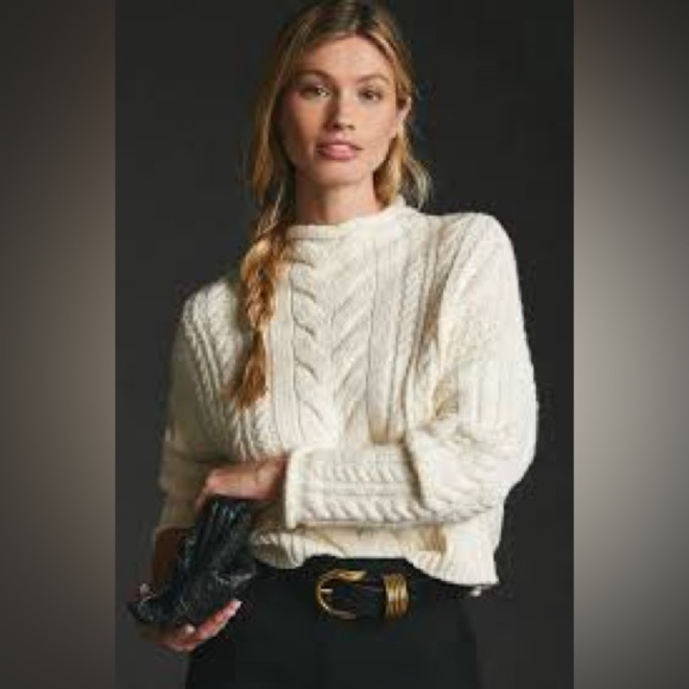 Pilcro Anthropologie Cable Knit Crop Sweater Cream Cowl Neck Cozy XS